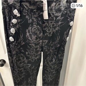White House Black Market Jollie Black and Silver Metalic Floral Patterned Pants